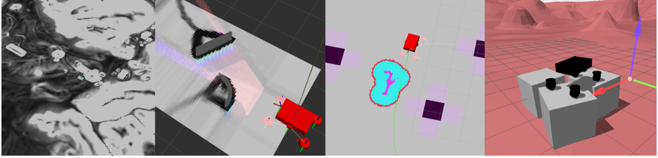 Navigation stack visualization showing DEM-based planning and traversability analysis